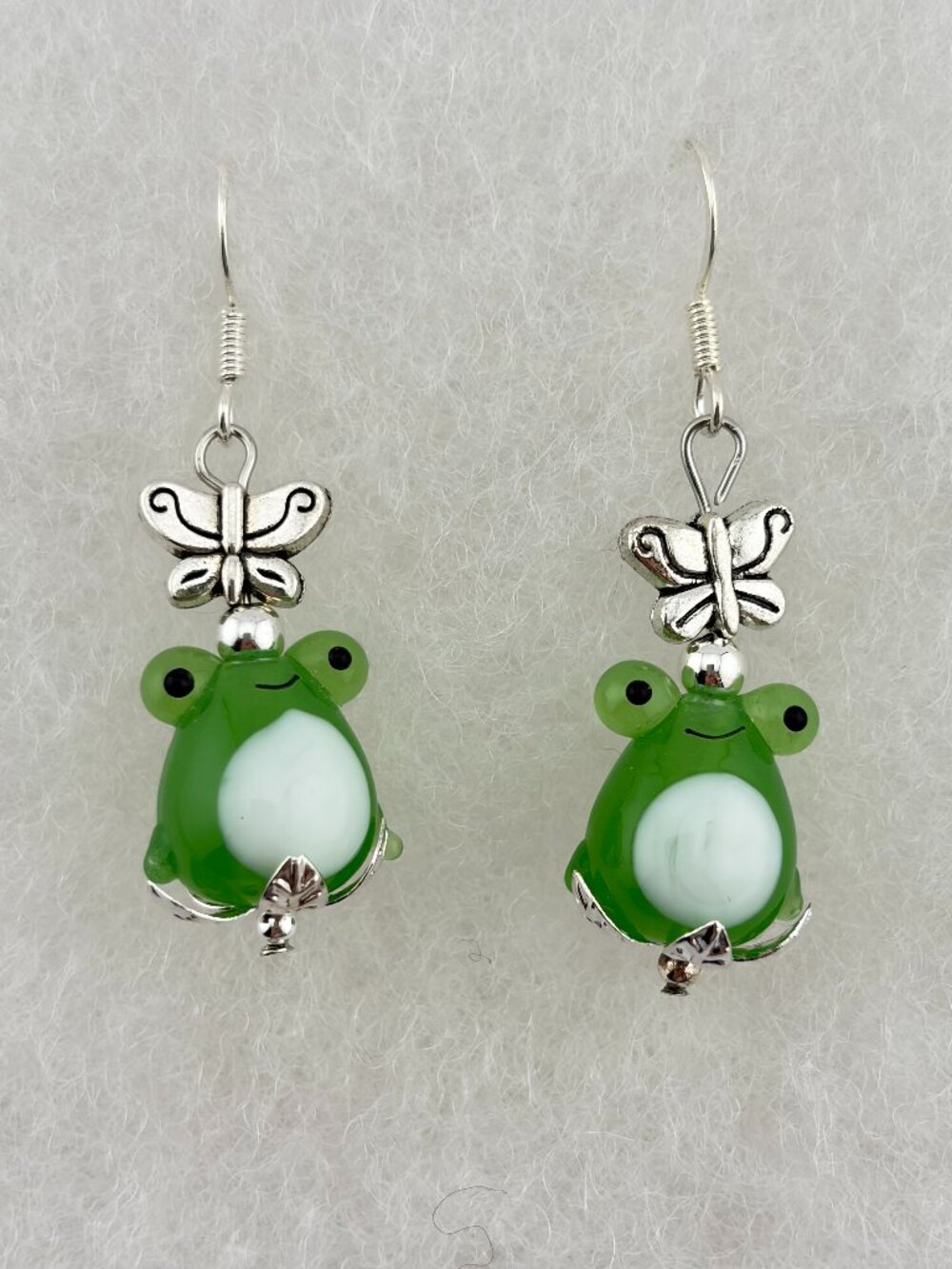 Smiling Frog Lampwork Glass Bead Silver Butterfly Handcrafted Earrings LR231